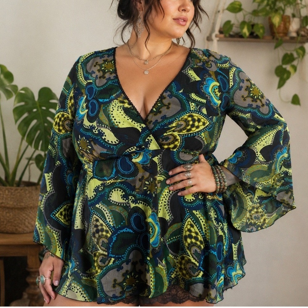 y2k babydoll top xl fairycore‎ whimsigoth Paisley Chiffon Sheer flowy romantic